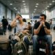 Família exausta com bebê no colo e criança dormindo em mala, em aeroporto lotado