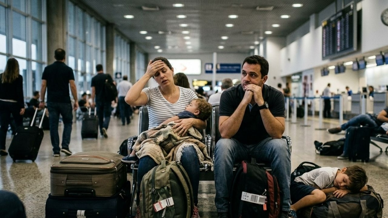 Família exausta com bebê no colo e criança dormindo em mala, em aeroporto lotado