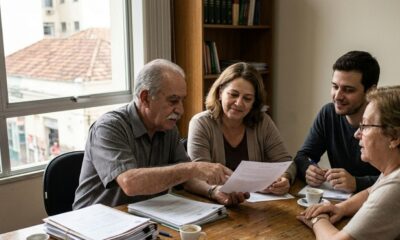 Homem mais velho aponta documento enquanto quatro pessoas conversam em mesa de escritório