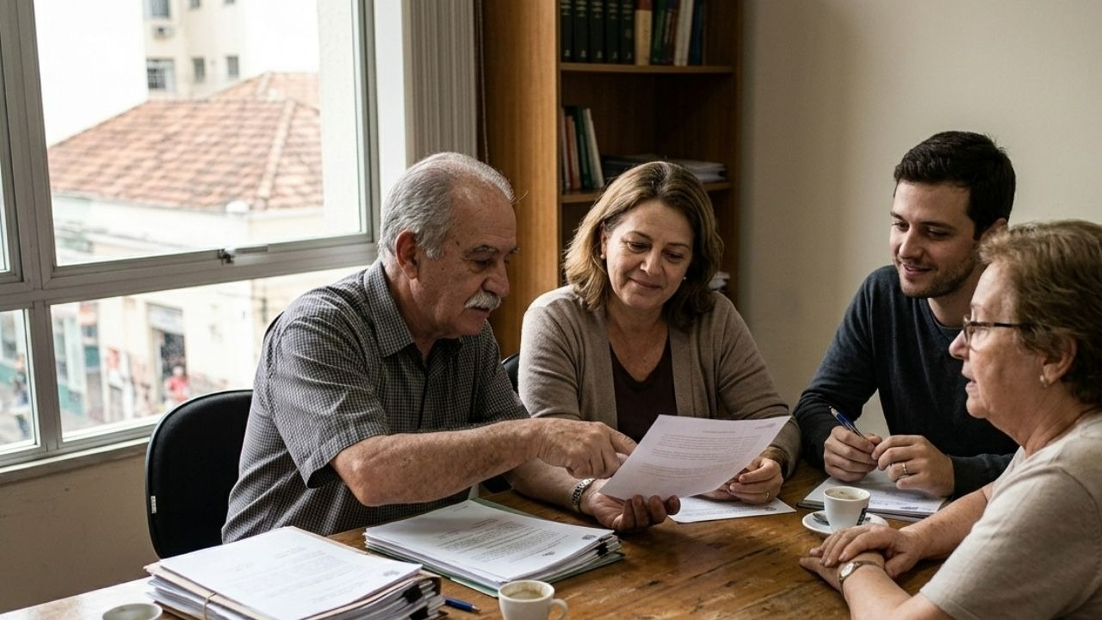 Homem mais velho aponta documento enquanto quatro pessoas conversam em mesa de escritório