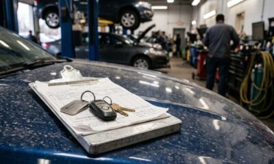Clipboard com ordem de serviço e chaves de carro sobre capô azul em oficina mecânica