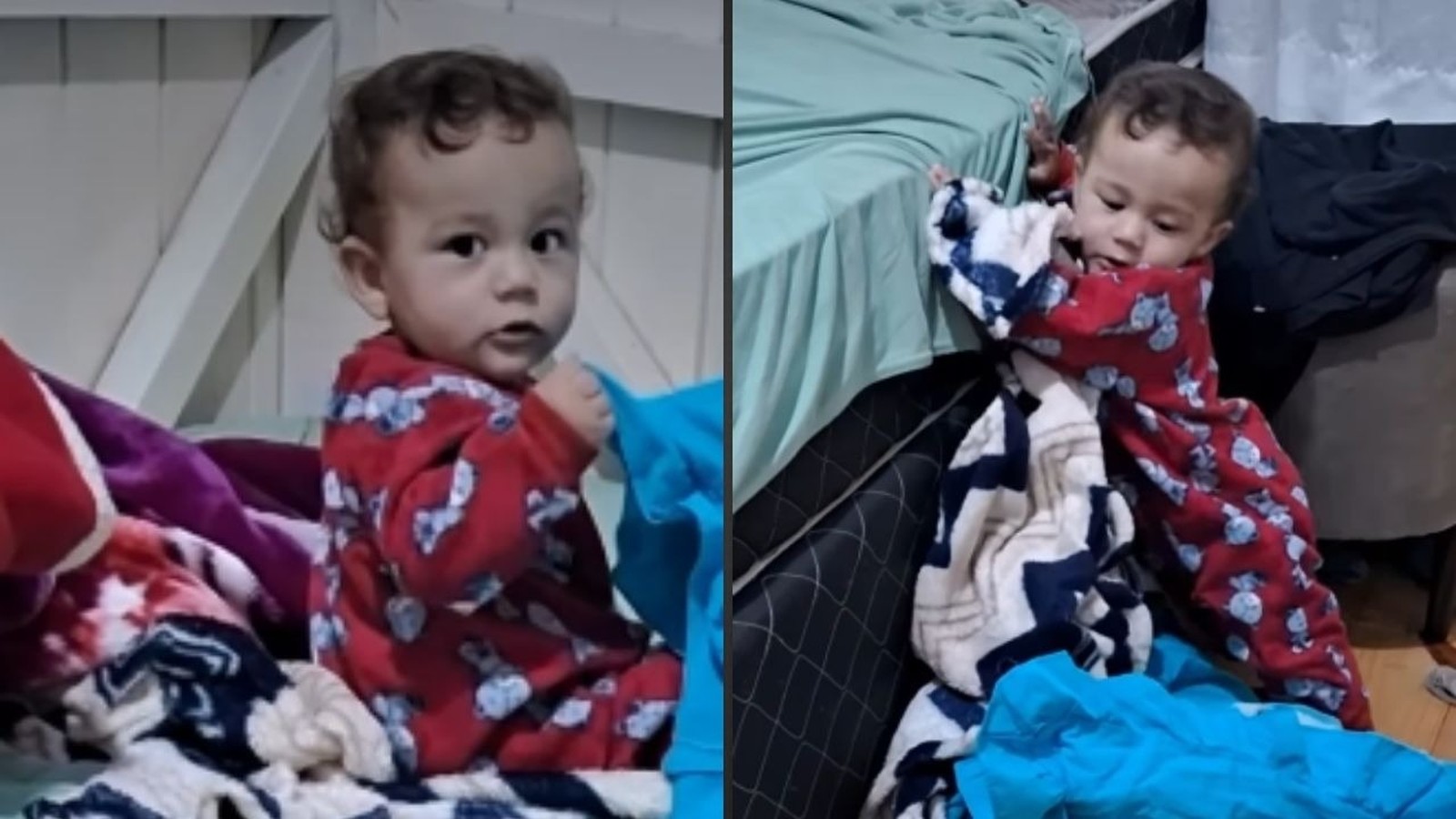 Bebê de pijamas vermelhos em duas cenas: sentado na cama e em seguida descendo com cobertor