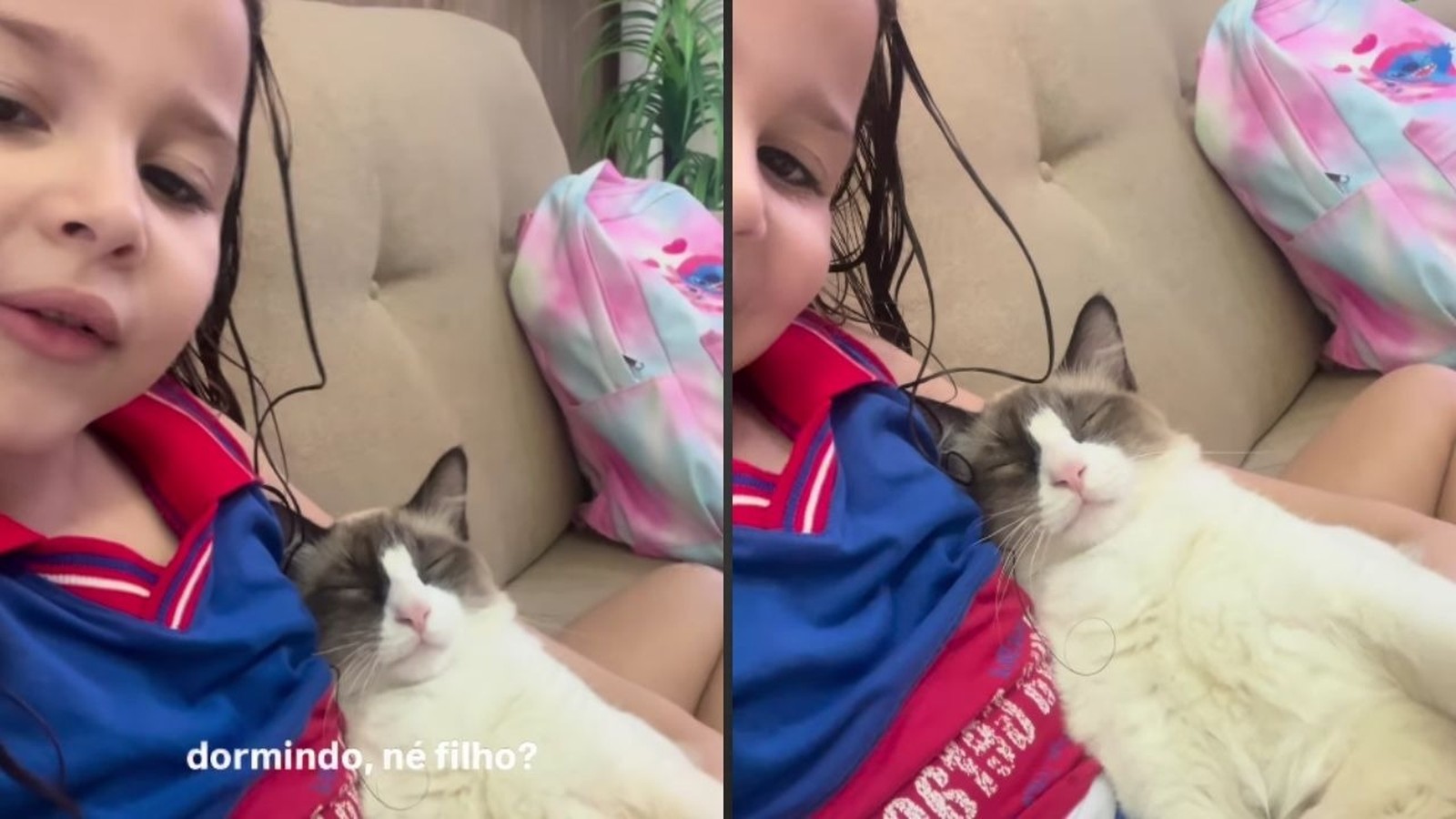 Menina com cabelo molhado e gato dormindo no colo, com a frase “dormindo, né filho?”