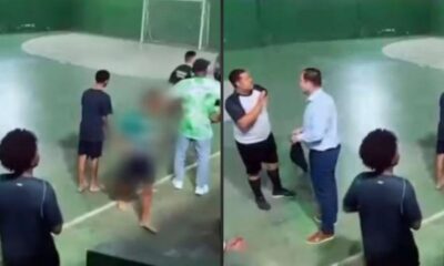 Imagem dividida: quadra de futsal com pessoas, algumas borradas, e dois homens conversando