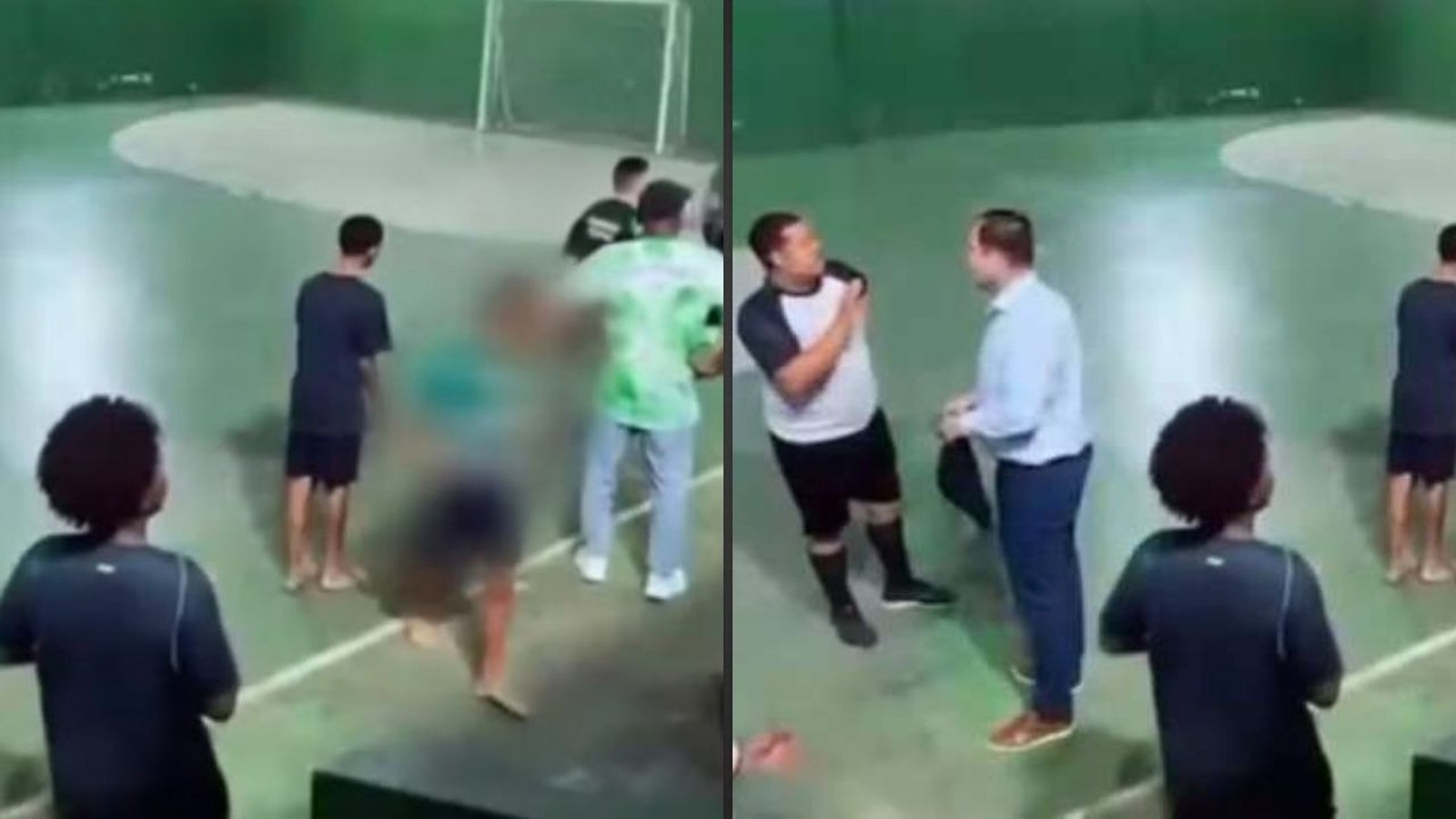 Imagem dividida: quadra de futsal com pessoas, algumas borradas, e dois homens conversando