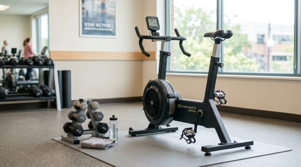Bicicleta ergométrica ao lado de halteres leves em uma academia organizada, representando a combinação de atividades aeróbicas e musculação para melhorar o condicionamento físico e auxiliar no controle do colesterol