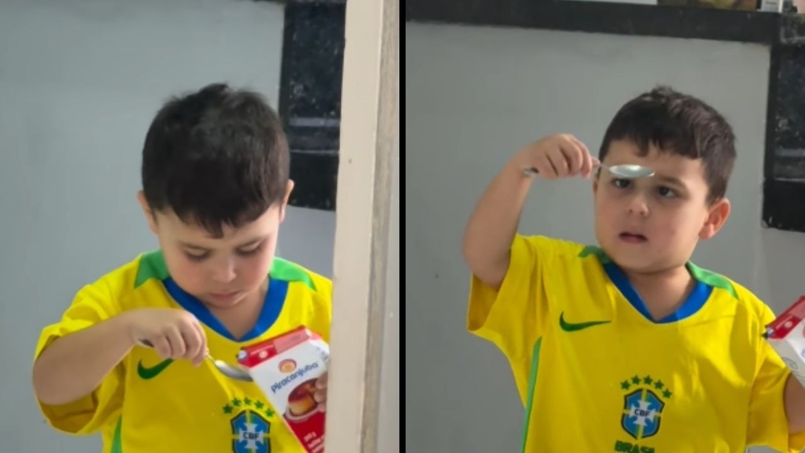 Duas fotos de menino em camisa amarela, com colher e embalagem de doce