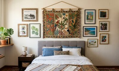 Quarto decorado com cama, tapeçaria tropical, quadros na parede e planta