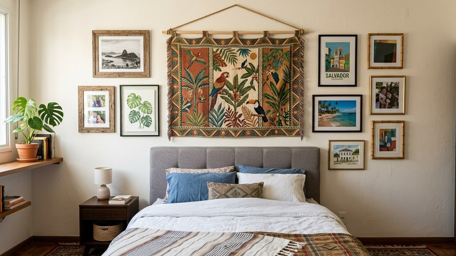 Quarto decorado com cama, tapeçaria tropical, quadros na parede e planta