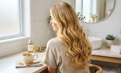 Cabelo loiro com reflexos dourados e brilhantes ao lado de uma xícara de chá de camomila