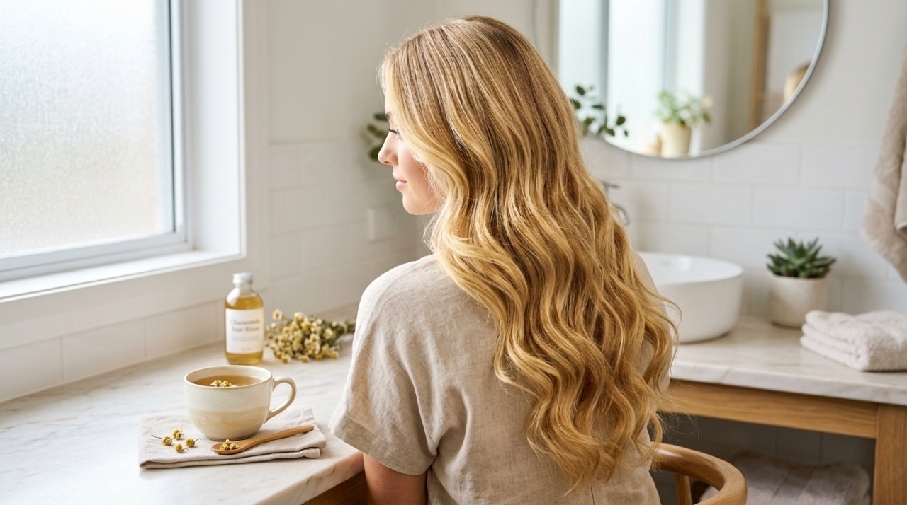 Cabelo loiro com reflexos dourados e brilhantes ao lado de uma xícara de chá de camomila
