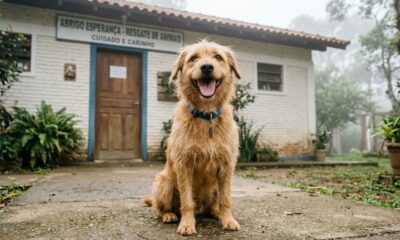 Cachorro desgrenhado dá um sorriso irresistível para conquistar uma família