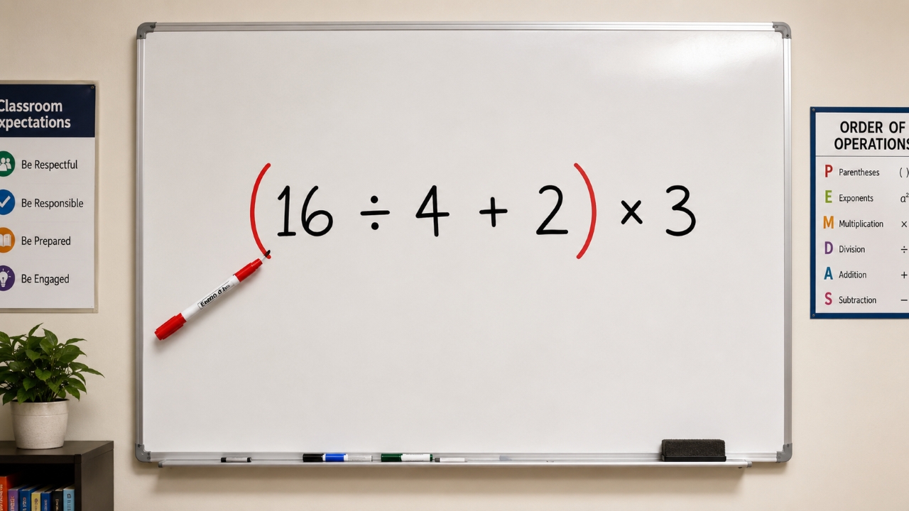 Quadro branco em sala de aula com a expressão “(16 ÷ 4 + 2) × 3”, parênteses em vermelho e um marcador apontando para eles