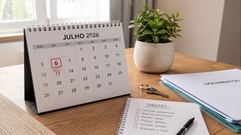 Calendário de julho de 2026 sobre uma mesa, com o dia 6 marcado em vermelho, ao lado de documentos, chave e lista de tarefas.