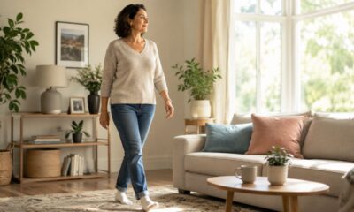 Pessoa de meia-idade caminhando devagar em uma sala de estar clara e aconchegante, entre o sofá e a janela, com luz natural, plantas decorativas e ambiente tranquilo, sem equipamentos de academia.