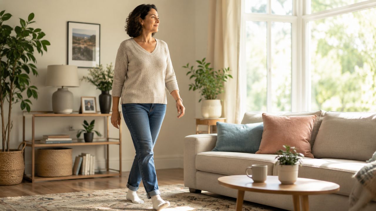 Pessoa de meia-idade caminhando devagar em uma sala de estar clara e aconchegante, entre o sofá e a janela, com luz natural, plantas decorativas e ambiente tranquilo, sem equipamentos de academia.