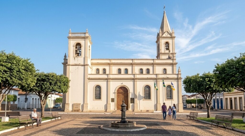 Fachada da Catedral de Nossa Senhora da Consolação em Tocantinópolis, com praça à frente em um dia ensolarado
