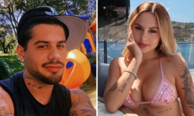 Zé Felipe sorrindo com boné e tatuagens à esquerda, Lara Jucah sorrindo de biquíni à direita
