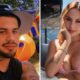 Zé Felipe sorrindo com boné e tatuagens à esquerda, Lara Jucah sorrindo de biquíni à direita