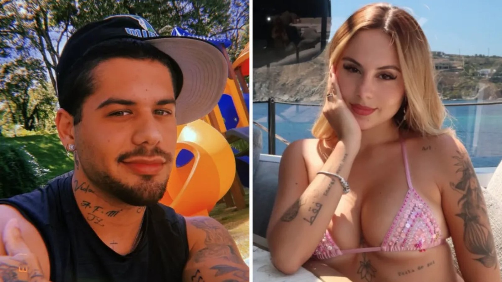 Zé Felipe sorrindo com boné e tatuagens à esquerda, Lara Jucah sorrindo de biquíni à direita
