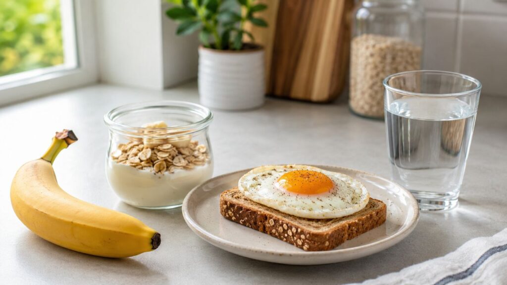 Banana, iogurte com aveia, fatia de pão integral com ovo e copo de água sobre bancada de cozinha, representando refeição leve pré-treino.
