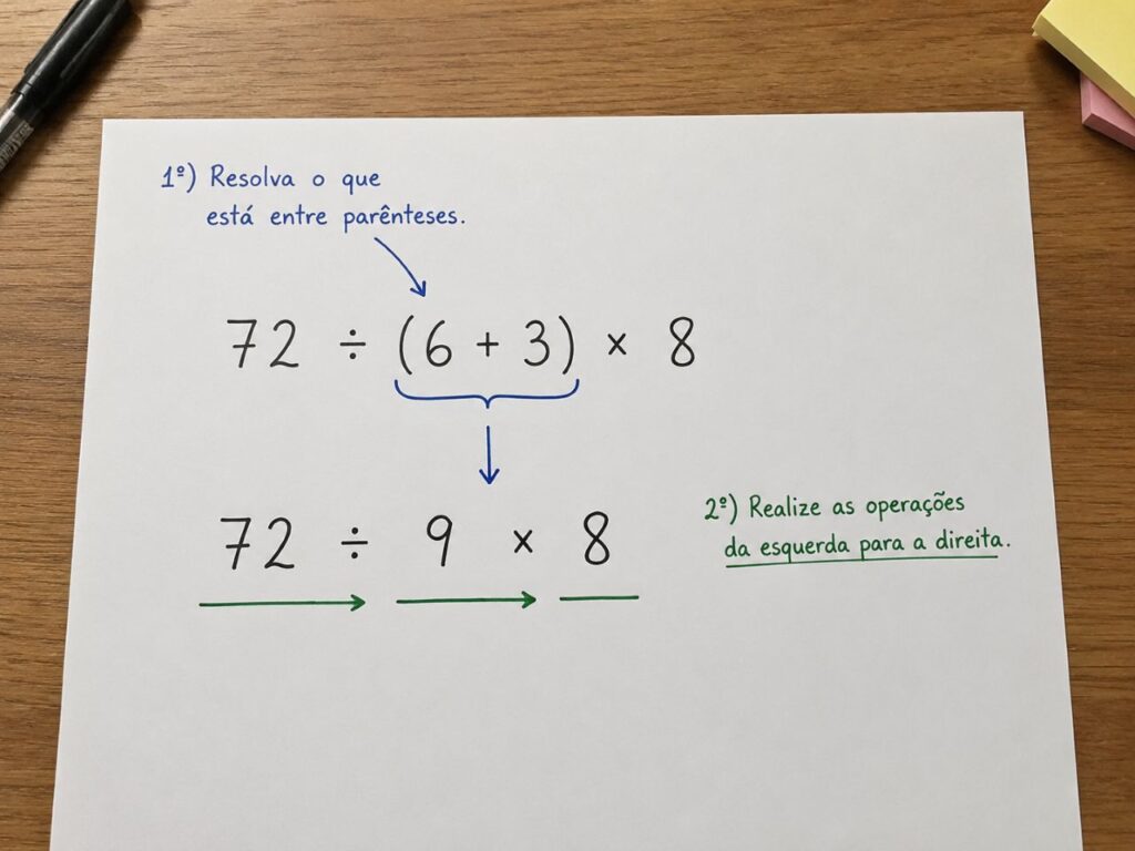 Folha de papel sobre uma mesa mostrando a transformação de 72 ÷ (6 + 3) × 8 em 72 ÷ 9 × 8, com setas indicando a sequência das operações da esquerda para a direita, sem revelar o resultado final.
