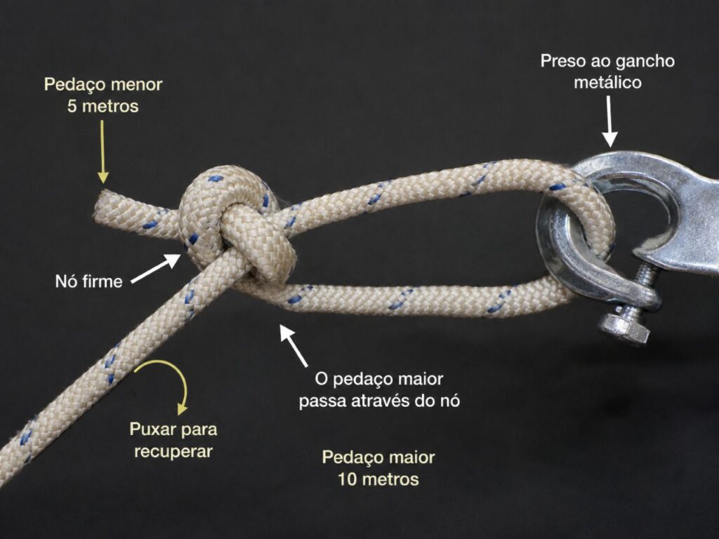 Close da corda cortada em 5 e 10 metros, com o trecho maior passando pelo nó da parte menor e preso a um gancho metálico.