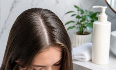 Mulher com cabelos castanhos e raiz limpa em banheiro moderno, com frasco de shampoo branco ao lado.