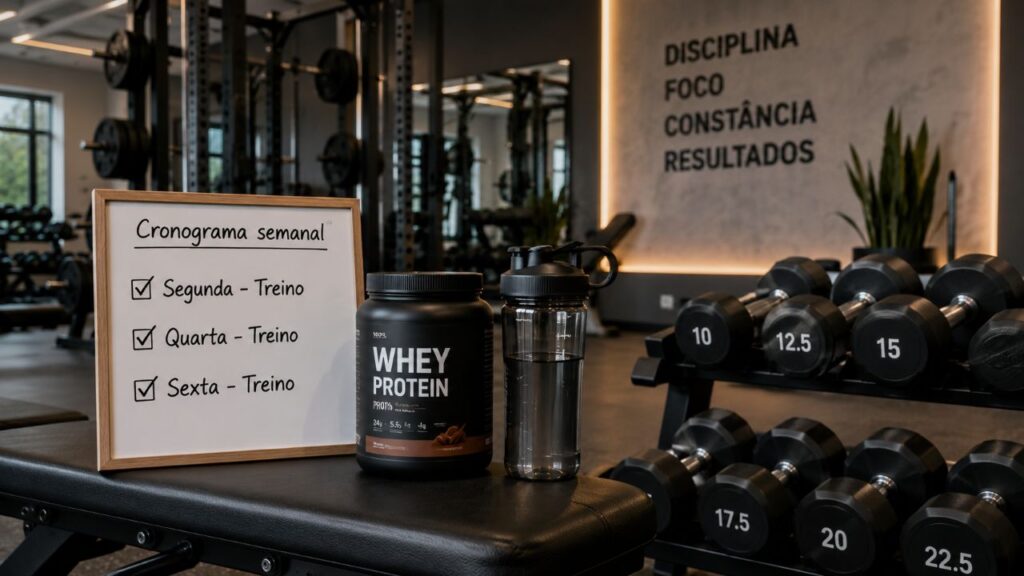 Banco de musculação em academia com halteres organizados, quadro com cronograma semanal de três treinos, garrafa de água e pote de proteína ao lado, em ambiente realista.