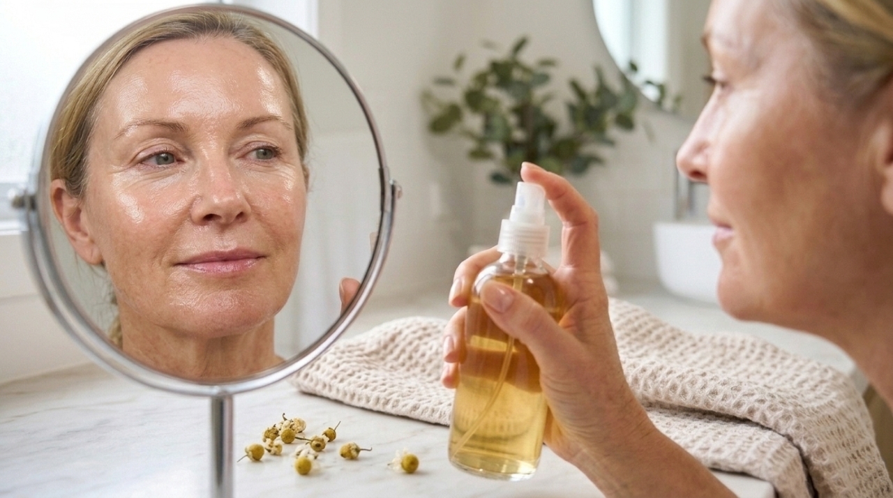 Mulher madura em frente ao espelho segurando um hidratante facial, com a pele visivelmente hidratada, luminosa e de aparência saudável em um banheiro bem iluminado
