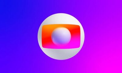 Logotipo 3D da Globo: esfera branca, abertura colorida, esfera central, fundo gradiente