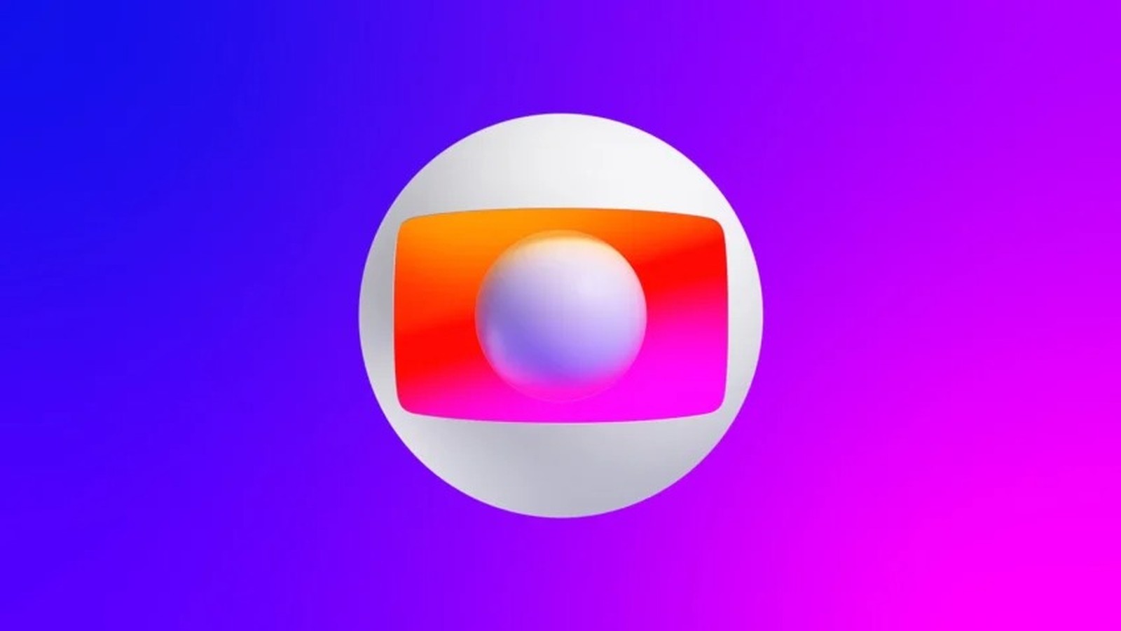 Logotipo 3D da Globo: esfera branca, abertura colorida, esfera central, fundo gradiente