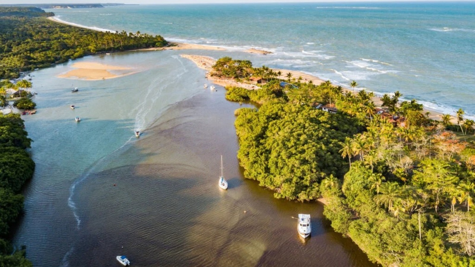 Vista aérea de rio com barcos, densa vegetação, unindo-se ao mar e praia arenosa