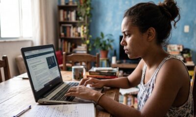 Mulher jovem concentrada estudando em laptop com caderno e caneta em mesa de madeira.