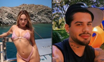 Mulher em biquíni rosa em barco e homem de boné e barba em duas fotos combinadas