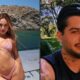 Mulher em biquíni rosa em barco e homem de boné e barba em duas fotos combinadas