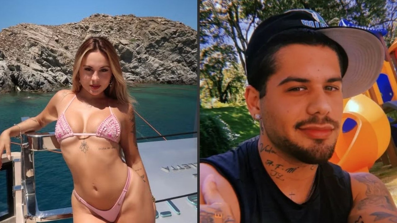 Mulher em biquíni rosa em barco e homem de boné e barba em duas fotos combinadas
