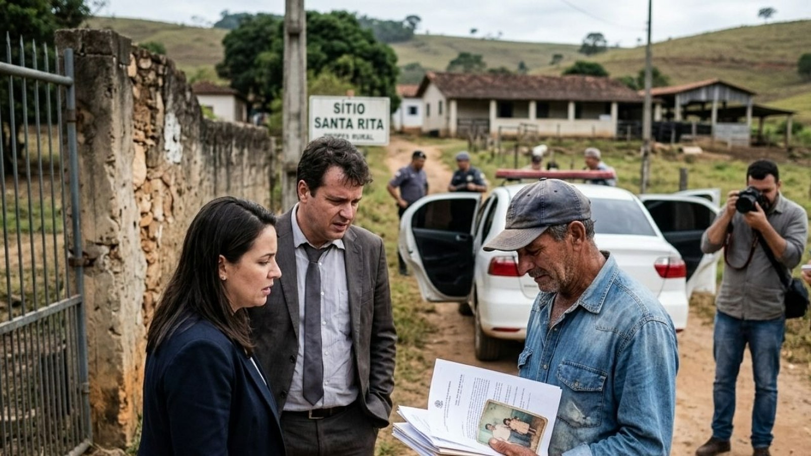 Advogados e homem rural revisam documentos em Sítio Santa Rita, com policial e fotógrafo