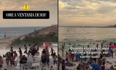 Díptico de praia: esquerda com areia levantada por vento e pessoas correndo; direita com banhistas e texto de alerta.
