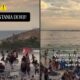 Díptico de praia: esquerda com areia levantada por vento e pessoas correndo; direita com banhistas e texto de alerta.