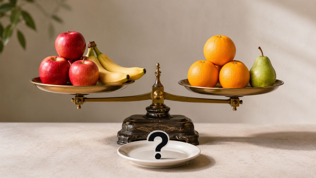Balança de pratos equilibrada com maçãs, bananas, laranjas e pera em quantidades diferentes, com um prato à frente exibindo uma interrogação.