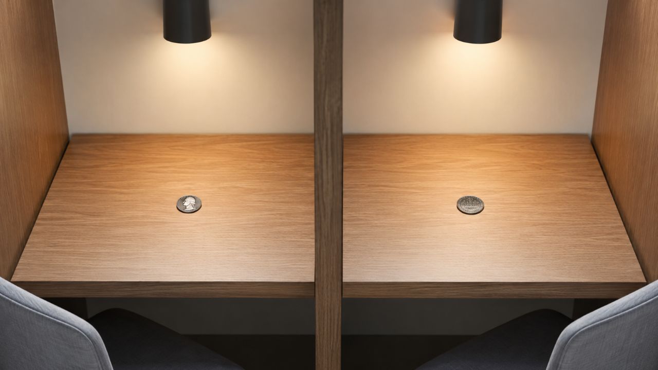 Duas cabines separadas por uma divisória, cada uma com uma moeda sobre a mesa, uma mostrando cara e outra coroa