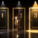 Três portas numeradas 1, 2 e 3 em um palco iluminado de programa de TV. A Porta 2 está entreaberta revelando uma cabra, enquanto a Porta 3 aparece fechada e destacada por luz dourada.