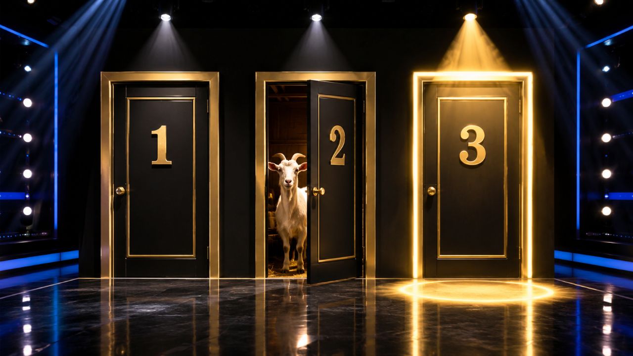 Três portas numeradas 1, 2 e 3 em um palco iluminado de programa de TV. A Porta 2 está entreaberta revelando uma cabra, enquanto a Porta 3 aparece fechada e destacada por luz dourada.
