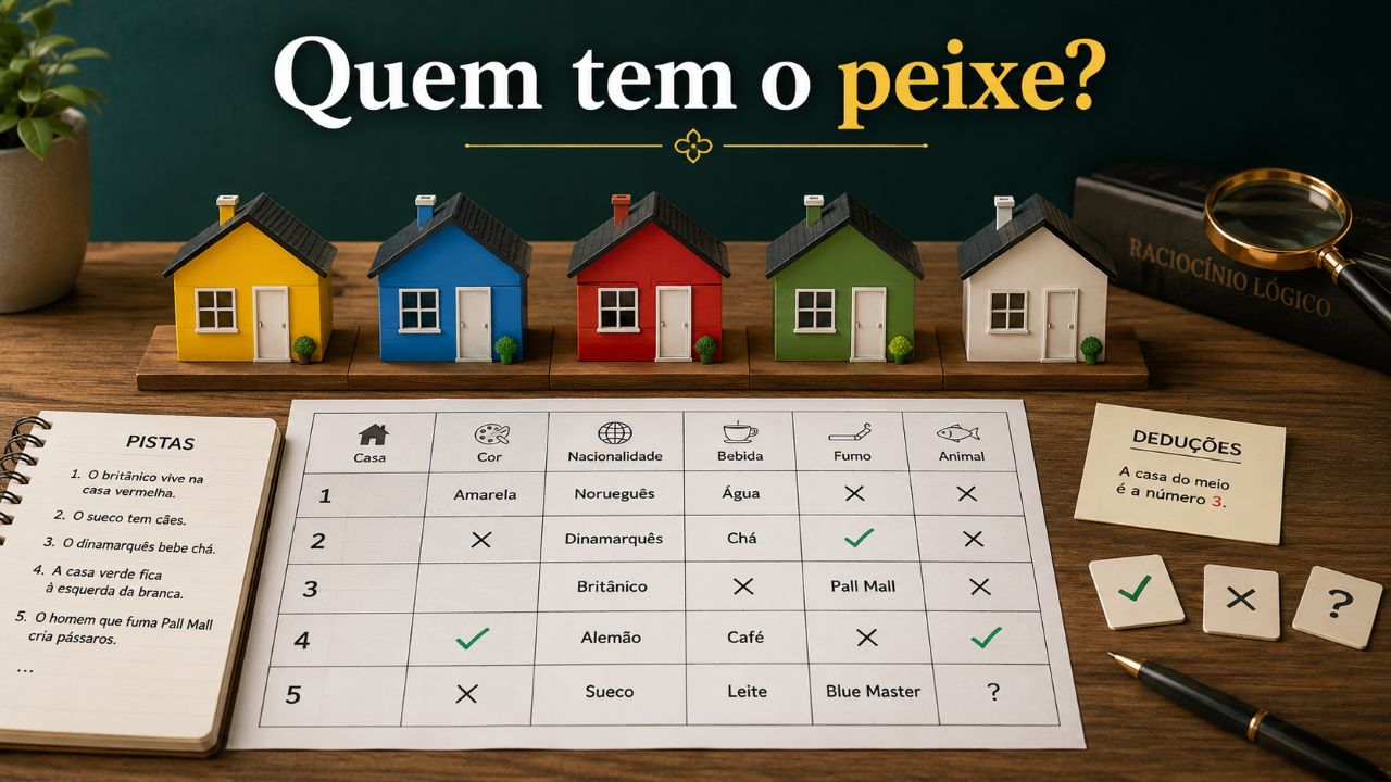 Casas coloridas, pistas e deduções se cruzam no clássico Enigma de Einstein: afinal, quem tem o peixe?