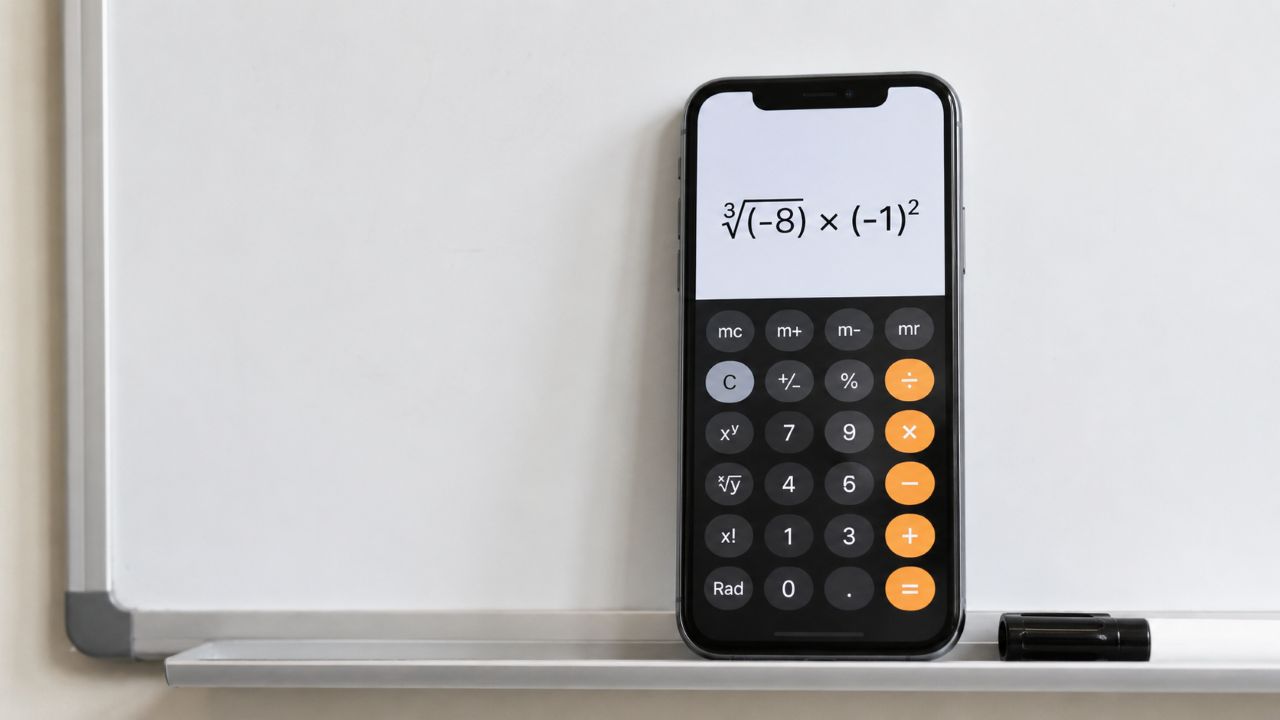 Celular com calculadora aberta sobre quadro branco, mostrando a expressão ∛(-8) × (-1)² sem resultado final.
