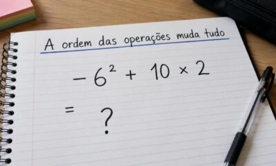 Folha de caderno sobre mesa de estudo com a expressão −6² + 10 × 2 escrita em destaque, frase “A ordem das operações muda tudo” no topo e ponto de interrogação no lugar da resposta.