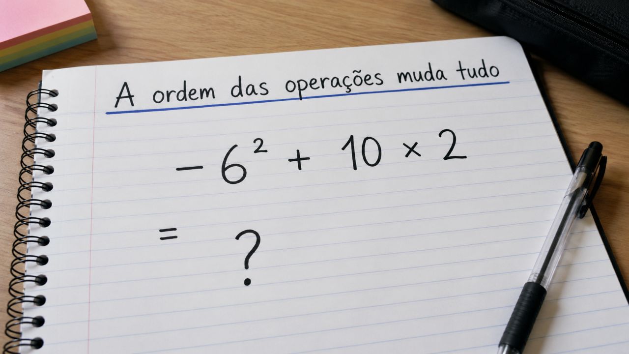 Folha de caderno sobre mesa de estudo com a expressão −6² + 10 × 2 escrita em destaque, frase “A ordem das operações muda tudo” no topo e ponto de interrogação no lugar da resposta.