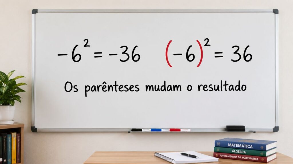 Quadro branco com as expressões −6² = −36 e (−6)² = 36 escritas lado a lado, com os parênteses destacados em vermelho e a frase “Os parênteses mudam o resultado”.