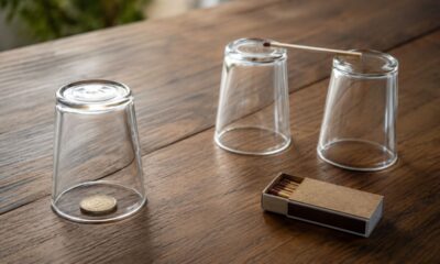 Moeda parcialmente visível sob um copo de vidro virado, com um palito apoiado entre dois copos e uma caixa de fósforos sobre uma mesa de madeira
